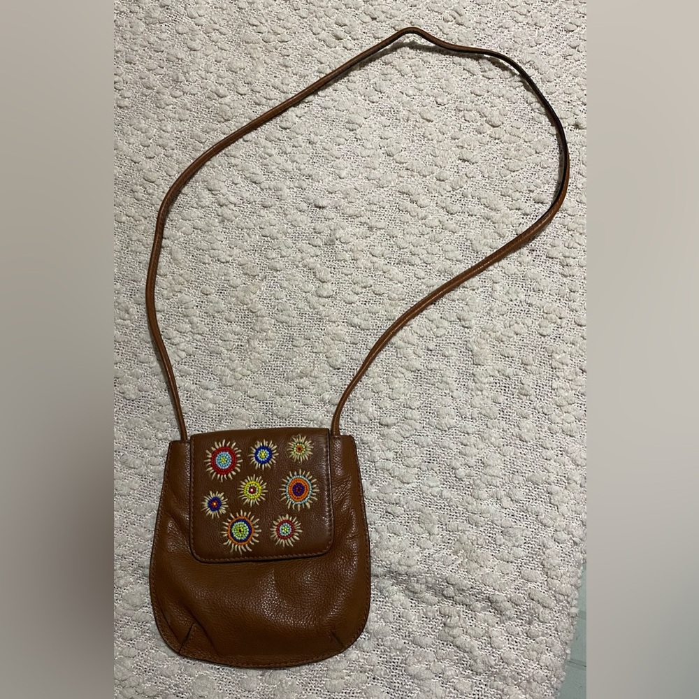 Fossil Pebbled Leather Brown Crossbody Bag With Beaded Flowers.